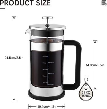 French Press WedRink: Френч-прес з нержавіючої сталі 1л для кави та чаю, з боросилікатного скла
