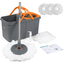 Набір для миття підлоги Rainberg Spin Mop з відром: 3 змінні насадки, висувний 130 см, мікрофібра, самовіджимання, сірий та помаранчевий