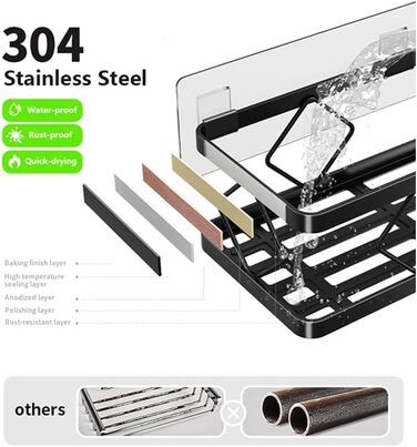 Полиця для душу без свердління, чорна, 2 шт. - полиці для душу з нержавіючої сталі, 5 гачків та 2 тримачі для зубних щіток, самоклеюча органайзер для ванної кімнати, кухні, вантажопідйомність 16 кг