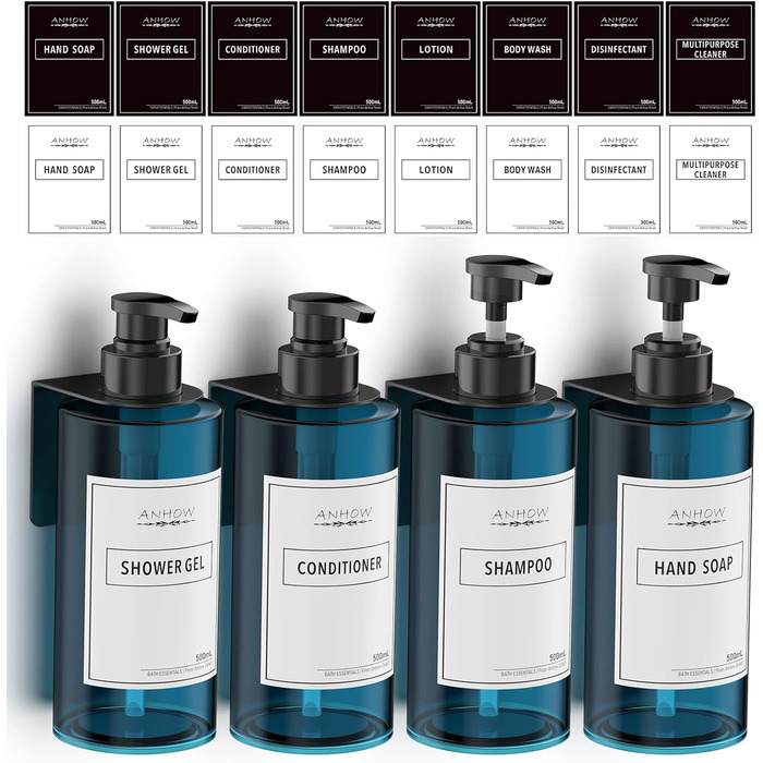 Набір дозаторів для мила на стіну 4er, блакитний (500 мл) - без свердління, з наліпками для душу/кухні/ванної кімнати