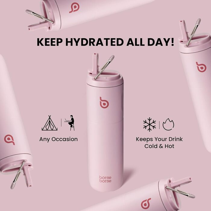 Пляшка для води BOTTLE BOTTLE 750 мл з соломинкою, кришкою та ручкою - не протікає, BPA-free, подвійні стінки, рожева. Ідеальна для спорту, подорожей та фітнесу.