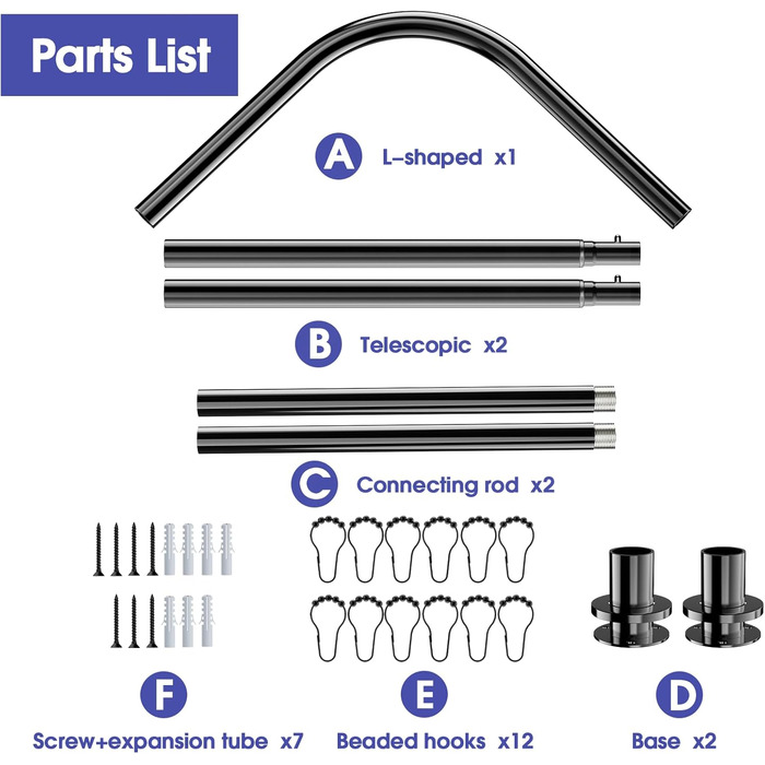 Кутова штанга для душу L-Form, регульована 68–96 см × 68–96 см, нержавіюча сталь, водонепроникна та стійка до іржі, 90 градусів, з 12 кільцями, комплект гвинтів (104-132x104-132 см, Чорний)