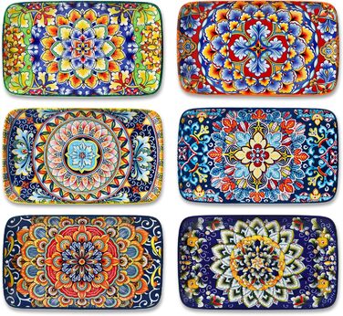 Vancasso Serving Plates, Porcelain, SIMI Rectangular Plate Set, 6-Piece Bohemian Dinner Plate Set, Plate Set for 6 People, 22 x 13 x H 2.3cm