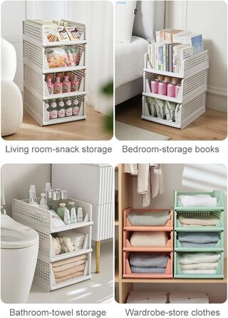 RMAN 8-Piece Stackable Folding Closet Storage Boxes, Closet Organizer Drawers, Plastic Storage Crates for Home, Bedroom, Kitchen - White