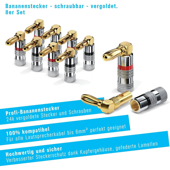 Бананові конектори Sonero® для акустичних кабелів до 6 мм², 4 шт. з кольоровим кодуванням (12x червоний, 12x чорний), 24K позолота (8 шт., кут 90°, Single)