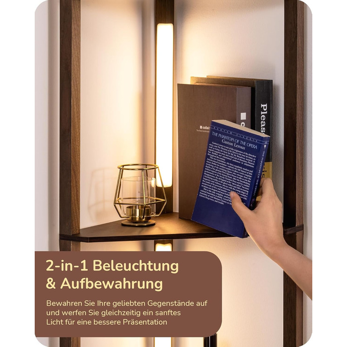 LED торшер EDISHINE з 4 полицями з дерева, торшер для вітальні, регульоване освітлення, 3 колірні температури, поворотний світловий стержень, підсвічування полиць, футовим вимикачем (темно-горіховий)