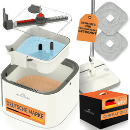 Набір для миття підлоги з відром ALANBERG® Gen2, білий: 360° самовіджимання, система з двома камерами, 2 мікрофібрових насадок