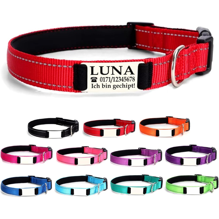 Персоналізований нашийник для собак, з іменем, середнього розміру, 35-50 см, світловідбиваючий (червоний, M)
