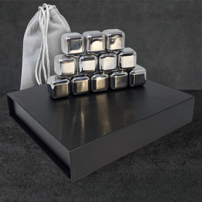 Камені для віскі Com-Four® з нержавіючої сталі - подарунчий набір (12 шт.) з мішечком та коробкою