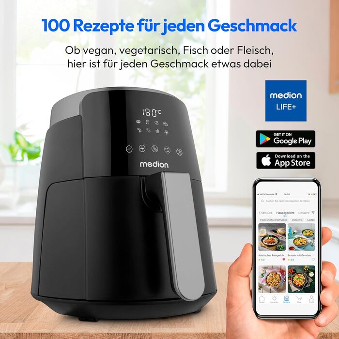 MEDION P40 L Фритюрниця без олії (4.7л, Airfryer, 1500 Вт, таймер 60 хв, до 200°C, антипригарне покриття, MD13030) білий (чорний)