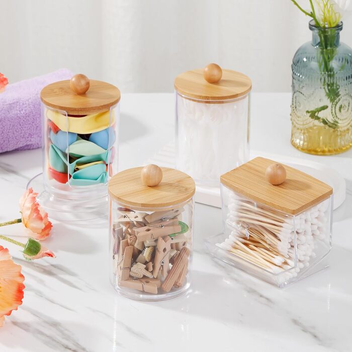 Контейнер для ватних паличок (4 шт.) з бамбуковою кришкою - органайзер для макіяжу, ватних дисків, для ванної кімнати та спальні