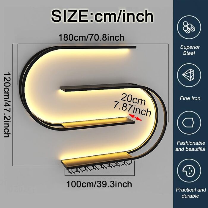 Настінна вітрина для вина, напівкругла багатоярусна з тримачами для келихів, з заліза, для кухні, бару, кафе (без лампочок), чорна, 180*20*120 см