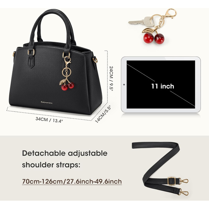 Сумка жіноча RAINSMORE середнього розміру з PU шкіри, чорна. З ручкою та знімним ременем, для планшета 11 дюймів, для роботи та шопінгу