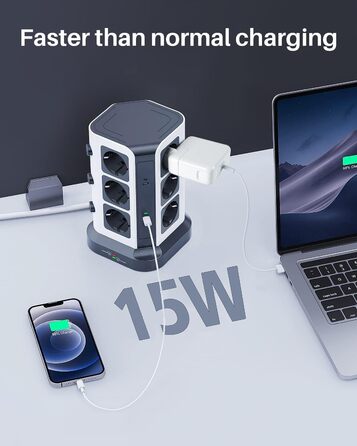 Блок розеток KOOSLA з USB-C, 12 розеток, 3680W/16A, захист від перенапруги 1500J, індивідуальне вмикання, 5м кабель, сірий