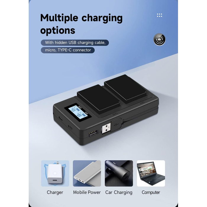 2 шт. акумулятори EN-EL20/EN-EL20a + зарядний пристрій Smart LCD Dual USB для Nikon Coolpix P950, P1000, P1100, Coolpix A, 1 AW1, 1 J1, 1 J2, 1 J3, 1 S1, 1 V3, DL24-500 цифрових камер