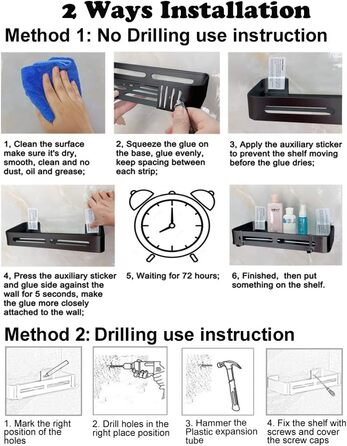Настінна полиця Yeegout для ванної кімнати з гачками, кутова, чорна, з алюмінію, клейка