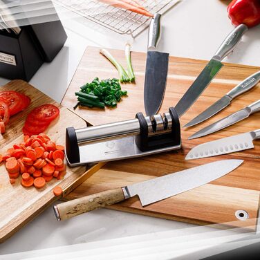 Точилка для ножів Spitzer Premium ручна, 2 ступені, для сталевих ножів, з антиковзною основою, нержавіюча сталь/чорний