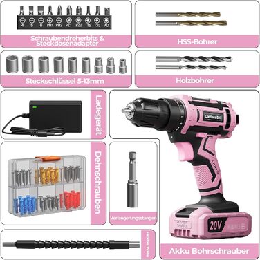 Акумуляторний шуруповерт 20V з набором аксесуарів 85 шт. (85tlg), 42Н.м, 2000mAh, 25+1 момент, 10мм патрон, легкий, LED, рожевий (для подарунка на День святого Валентина)