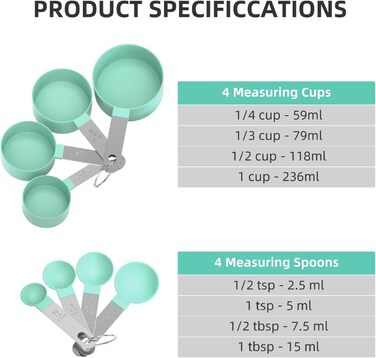 Набір мірних ложок та мірний стакан з нержавіючої сталі, 8 шт. - для рідин та твердих інгредієнтів, випічки, кулінарії (блакитно-зелений)