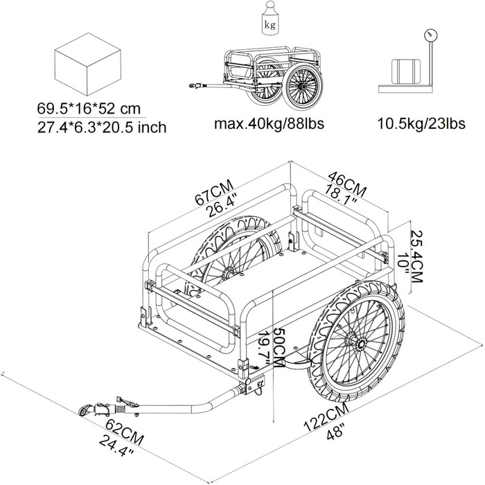 Складаний вантажний причіп Tiggo для велосипеда. Об'єм 70 літрів, вантажопідйомність 40 кг. Розміри платформи: 67 x 46 x 25 см
