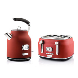 Набір для сніданку Westinghouse Retroline (Чорний): Тостер та чайник, 1.7 л, фільтр від накипу, захист від перегріву, тостер з 4 слотами та підставкою для булочок, зйомний піддон для крихт (комплект з тостером на 4 скибочки червоного кольору)