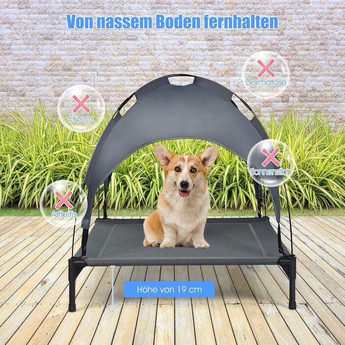 Лежанка для собак GOPLUS з дахом, піднята лежанка для тварин, лежанка для домашніх тварин з металевим каркасом, вологостійке собаче ліжко, котяче ліжко з сонцезахисним тентом, неслизькі накладки на ніжках, для використання в приміщенні та на вулиці (90x81