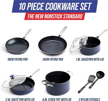 Набір посуду Blue Diamond Cookware Diamantstruktur Keramik Antihaft, 7-10 предметів: каструлі, сковорідки, молочник. Без PFAS, для всіх типів плит, включаючи індукцію. Можна мити в посудомийній машині, витримує температуру до 200°C.