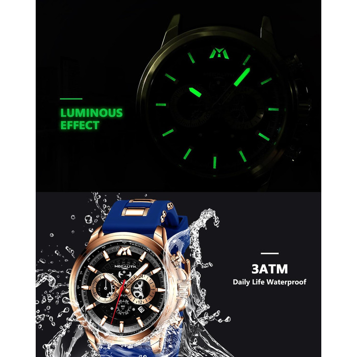Чоловічий годинник MEGALITH Chronograph: аналоговий, водонепроникний, з датою, свідодіодом, кварцовий годинник. Ідеальний подарунок для спортивних чоловіків (B2-блакитний)