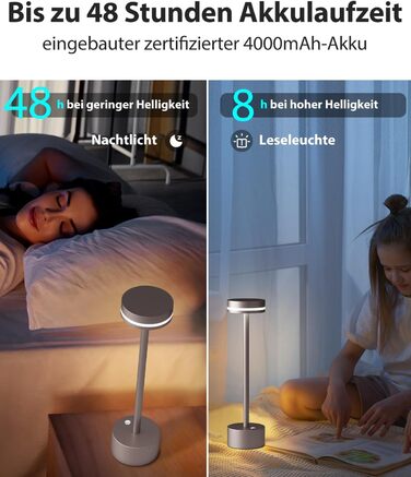 LED настільна лампа з акумулятором, бездротова, з торшером, сенсорне керування, алюмінієвий корпус, 3 режими димування, 4000mAh, 3000K, для обіднього столу, вітальні (срібна)