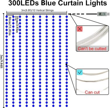 Лямпас світлодіодний Yizhet 3x3м, 300 LED, тепле біле світло, IP65, 8 режимів, для декору вечірки, свята, Нового року, тераси (блакитний)