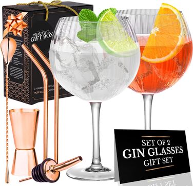 Vemacity Twisted Gin & Tonic Glass Set | 2 Handcrafted Gin Glasses, Rose Gold Bar Spoons, Spirits Measuring Jigger, 2 Metal Straws, Pourer & Recipe PDF | Cocktail Set