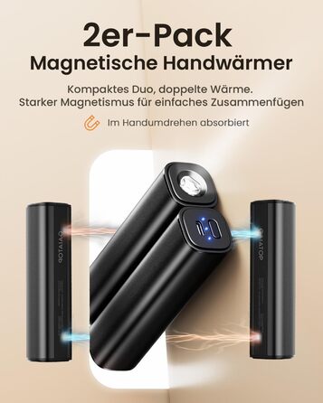 Електричний грієчка для рук Gaiatop 8000mAh з LED-ліхтариком, 2 шт. Магнітний, 3 температури, швидкий нагрів, для жінок, сім'ї, активного відпочинку, чорний