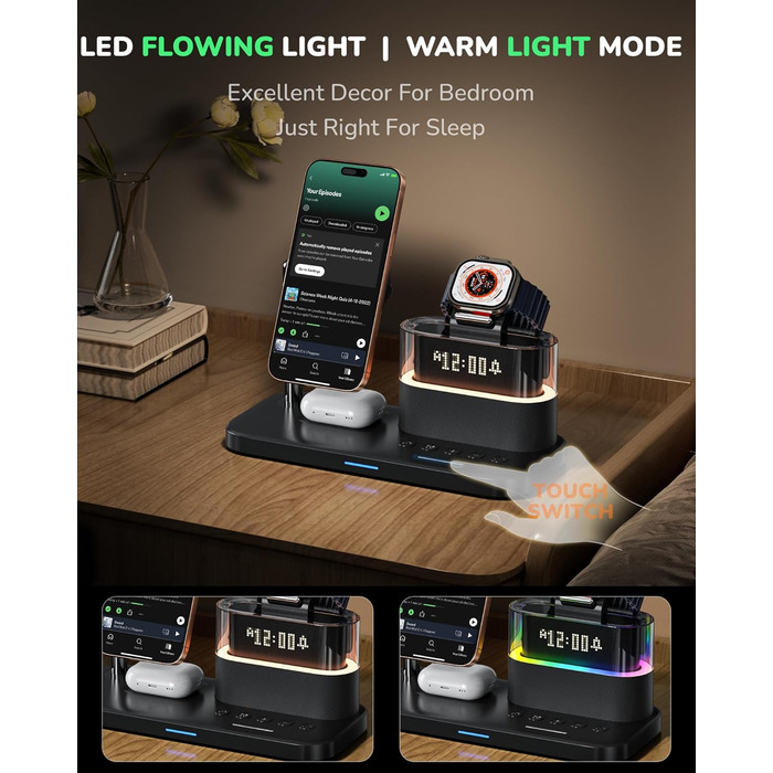 Багатофункціональний бездротовий зарядний пристрій 5 в 1 з годинником для Apple iPhone, Apple Watch, AirPods. Білий/Коричневий