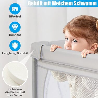 COSTWAY 205 x 147cm Playpen Baby foldable, Playard with 50 balls, 2 doors, side pocket, breathable mesh & zipper, playpen tent for infants & toddlers (Gray-Penguins) Gray-Penguins Without mattress