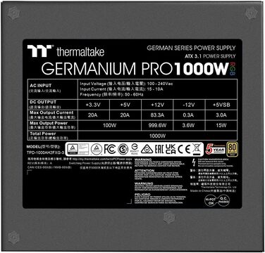 Блок живлення Thermaltake Hamburg Germanium Pro 1000W, ATX 3.1, PCIe 5.1, 80Plus White, низький рівень шуму