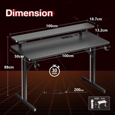 Small LED Gaming Desk with Power Outlets - Carbon Fiber PC Gamer Table 80cm/100cm