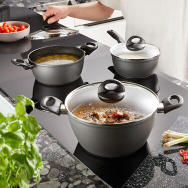 STONELINE Ceramic Cookware Set, 6-Piece, 18/20/24cm Pots with Lids. PFAS-Free, Non-Stick Pot. Suitable for Induction and All Cooktops with Ceramic Coating and Real Stone Particles. Cookware Set, Grey, 6-Piece