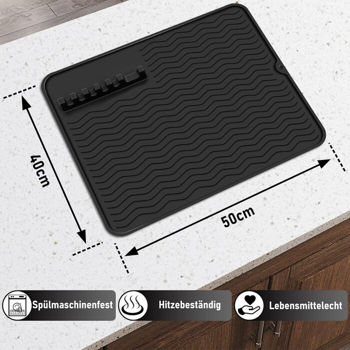 Килимок для посуду Thinkingwings 50x40 см з силікону, чорний, термостійкий, неслизький