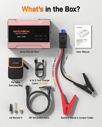 Пусковий пристрій WOLFBOX 2000A з компресором для авто, портативний бустер акумулятора 37 Вт-год (до 5л бензин), 12В набір з насосом 150 PSI, пусковими кабелями та LED-ліхтарем