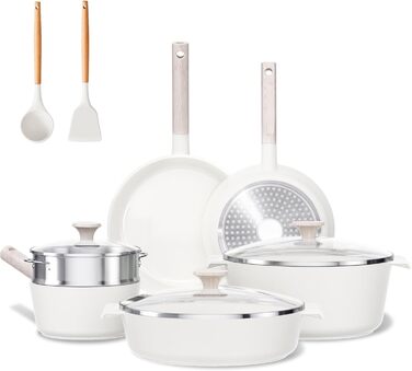 JEETEE Ceramic Cookware Set Non-Stick 16-Piece, Non-Stick Fry Pan 24/28, Sauté Pan with Lid and Steamer, Pot Induction, Non-Stick Cookware Set Beige