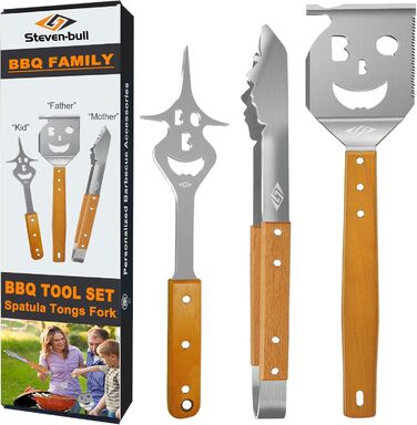 STEVEN-BULL Grill Utensil Set 3-Piece. Extra Long Grilling Tools, Stainless Steel Wood Handle, Grilling Accessories with Grill Tongs, Grill Spatula, Meat Fork. Extra-Long Wooden Handles and Hanging Holes.