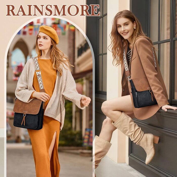 Сумка жіноча RAINSMORE середнього розміру через плече, шкірзам PU, чорно-коричнева