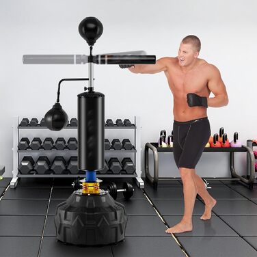 COSTWAY Стенд-бокс, боксерський мішок на стійці, регульована висота, 360° відбиваюча стійка, 2 швидкосні м'ячі, комплект боксерського мішка, кікбоксингу, MMA для дітей та дорослих, 173-213 см