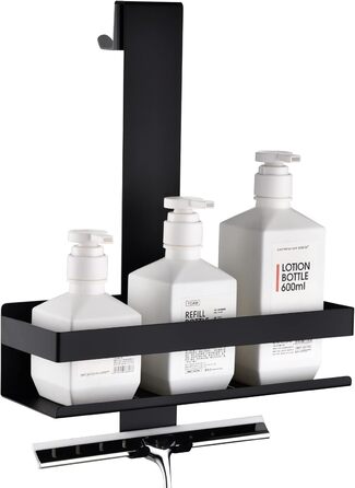 HomeHeng Shower Shelf for Hanging, Stainless Steel Shower Basket Shelf, Matte Black Shower Shelf Shampoo Holder with Hooks for Glass Shower Enclosure, H30MB-1DH