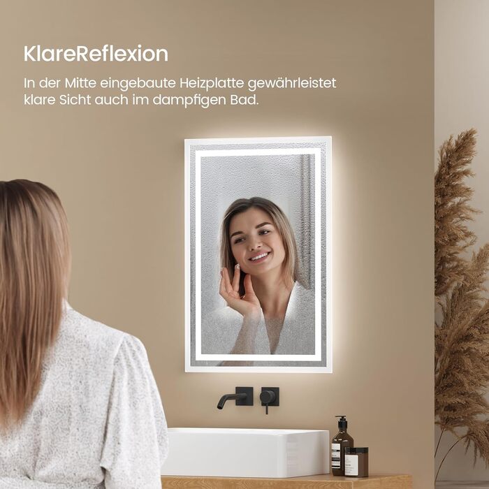 Дзеркало для ванної кімнати EMKE з підсвічуванням 40x60 см LED, антизапар, холодний/теплий білий, з кнопкою, алюмінієва рама, IP44, енергозберігаюче