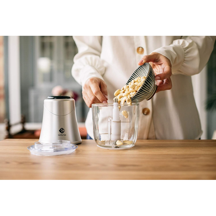 Електричний подрібнювач Family Care для кухні: 3 титанові леза, 300W, скляна чаша 600 мл, багатофункціональний, для м'яса, цибулі, овочів, горіхів, льоду
