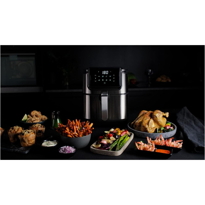 AEG AF6-1-4ST Hot Air Fryer / Frying / Grilling / Roasting / Baking with little to no oil / 8 programs / 3.5 l capacity / dishwasher safe / LED touch display / programmable / Stainless steel, Grey Stainless Steel 3.5l Capacity Series 6000