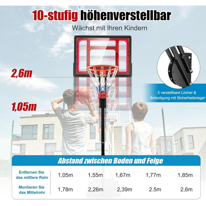 Баскетбольний кошик GOPLUS Outdoor з регулюванням висоти 105-260 см, переносний, з м'ячем та насосом