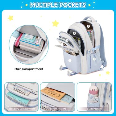 Дитячий рюкзак для школи 3-5 клас, великий рюкзак з помпоном та зірочками, легкий рюкзак-тележка для підлітків, блакитний