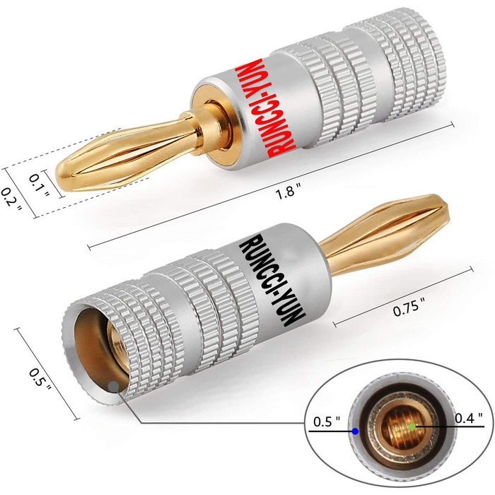 RUNCCI-YUN 24K бананові роз'єми, High End, 4 мм, аудіо, для динаміків, з можливістю паяння або гвинтового кріплення, позолочені, 5 шт. чорного та 5 шт. червоного кольору